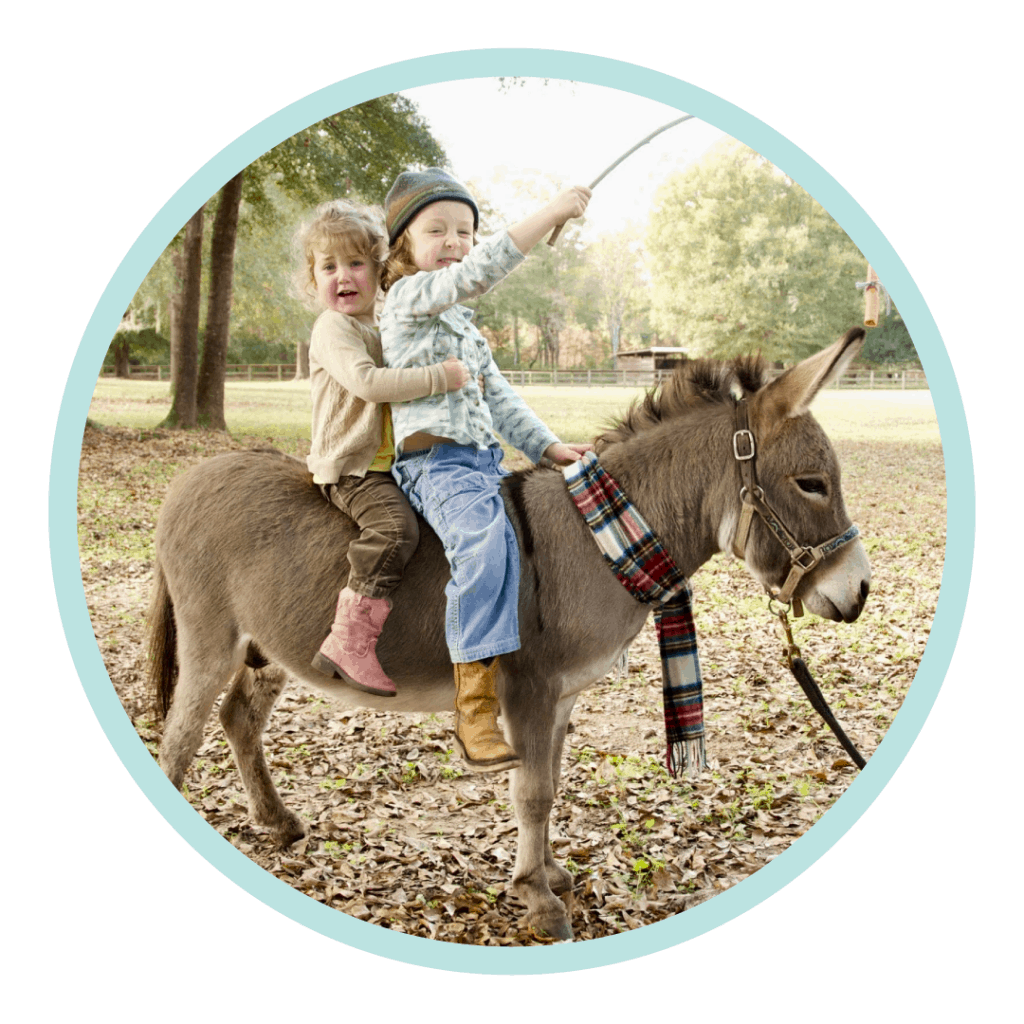 two human girls on donkey training carrot stick